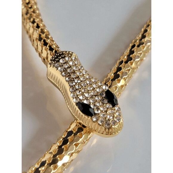 ✨🐍 Gold Snake Rhinestone Bendable Blingy Statement Open Choker Necklace NEW - Picture 4 of 10